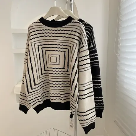 设计感~回字形条纹提花毛衣！秋冬慵懒显瘦加厚套头针织衫上衣女商品大图