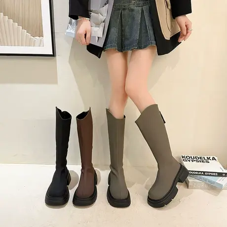 瘦瘦靴女新款2023年秋季厚底潮流粗跟直筒长靴增高时尚不过膝靴子商品大图