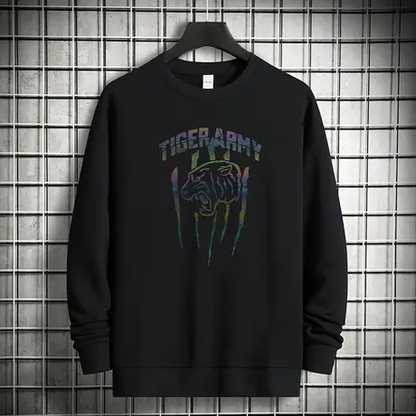 重磅纯棉卫衣男2023新款摇粒绒加厚潮流虎头圆领无帽黑色长袖t恤商品大图