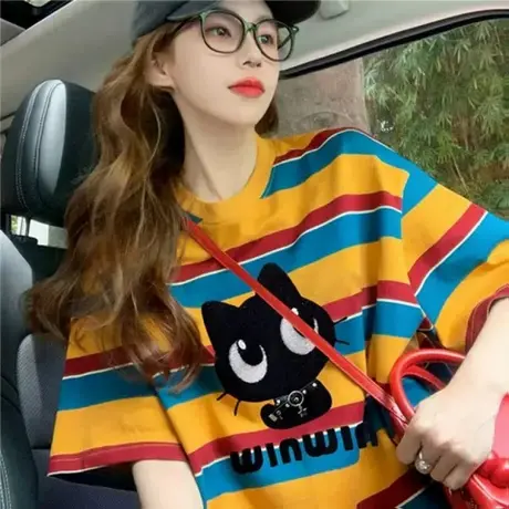 美式复古条纹短袖t恤女2025新款夏季设计感小众卡通减龄印花上衣商品大图