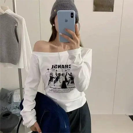 美式复古字母印花斜肩长袖T恤女2025早秋新款修身显瘦洋气上衣潮商品大图