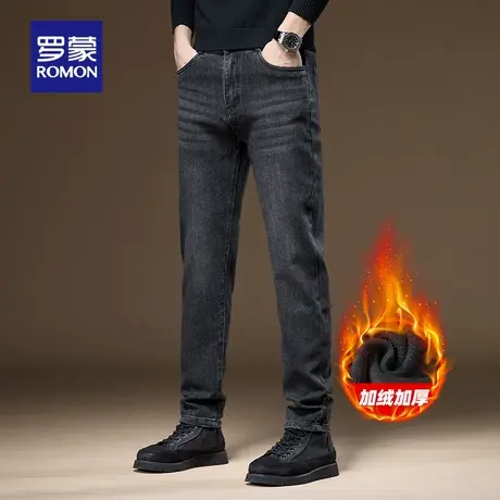 【加绒加厚】罗蒙男士商务休闲小脚牛仔裤2025冬季新款保暖长裤子图片