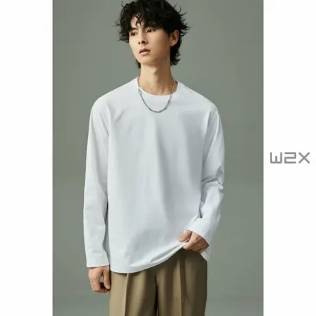 w2x春季白色圆领基础百搭长袖T恤男廓形体恤青年休闲内搭打底衫潮商品大图