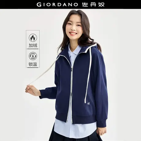 佐丹奴外套女装加绒刺绣撞色抽绳连帽针织卫衣外套 18374503商品大图