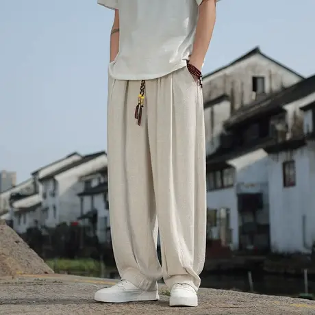 夏季男休闲裤棉麻宽松加肥加大码胖子阔腿简约纯色复古宽松长裤潮商品大图