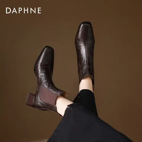 达芙妮棕色短靴女冬季2026新款加绒马丁靴复古粗跟瘦瘦靴切尔西靴图片