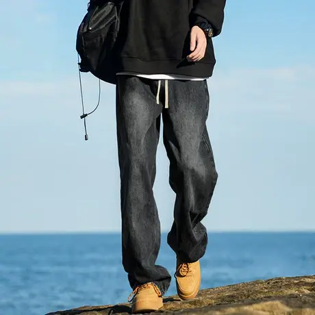 唐狮秋季新款男款牛仔裤休闲风黑色直筒长裤百搭美式高街裤子TD图片