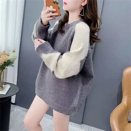 设计感撞色圆领毛衣女秋冬2023年新款女装宽松百搭软糯打底针织衫图片