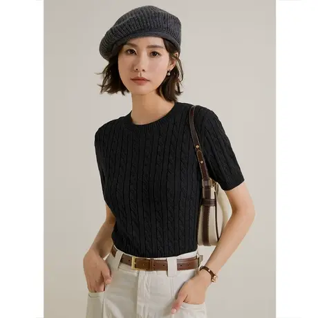 弥古黑色短袖针织衫圆领打底衫女内搭2023新款春秋修身上衣高级感商品大图