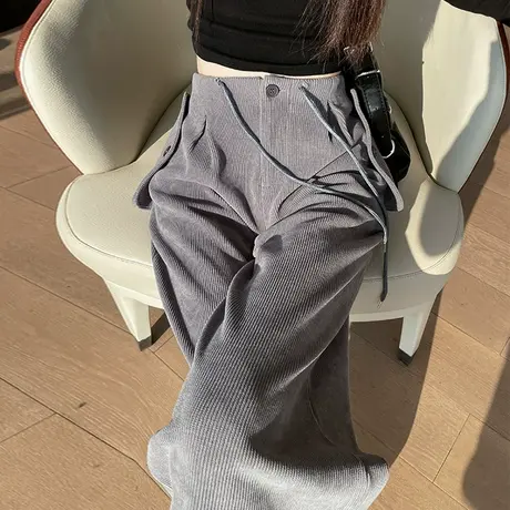 雪尼尔灰色阔腿裤女秋冬新款高腰设计感宽松垂感加厚直筒休闲裤子商品大图