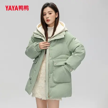 鸭鸭羽绒服女2023秋冬新品中长款假两件卫衣帽宽松保暖外套J图片
