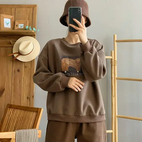 dza 复古圆领套头大象印花加绒卫衣女2023冬新款宽松显瘦上衣外套商品大图