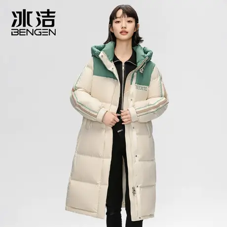 冰洁羽绒服女2023年冬季撞色长款连帽韩版休闲时尚潮流保暖外套HT商品大图
