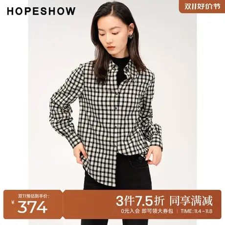 红袖outlets复古格纹单排扣衬衫hopeshow2023冬通勤百搭休闲上衣商品大图