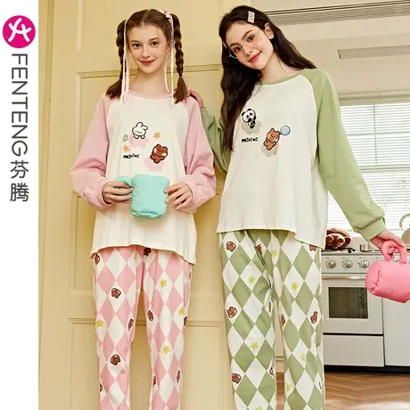 芬腾布朗熊纯棉睡衣女春秋季长袖圆领卡通韩版少女全棉家居服套装商品大图