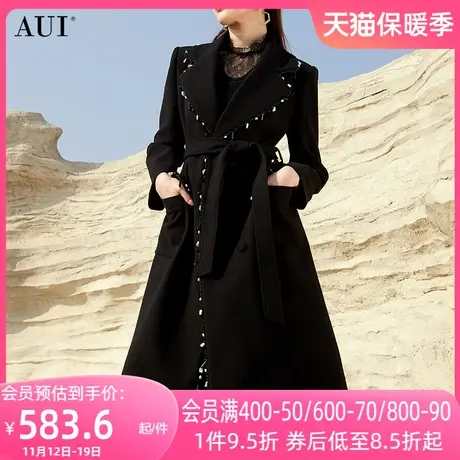 AUI黑色赫本风长款修身毛呢外套女2023冬季新款御姐气质呢子大衣商品大图