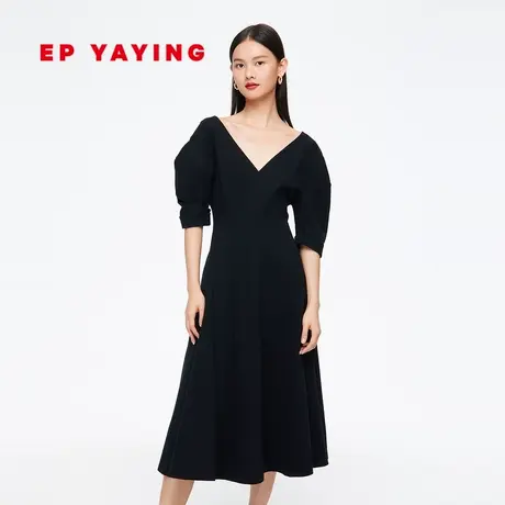 EP雅莹女装 赫本风礼服V领泡泡袖小黑裙法式连衣裙 商场同款4512A图片