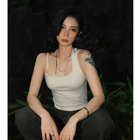 YEP美式复古白色吊带背心外穿女夏季纯色无袖上衣设计感欧美辣妹商品大图