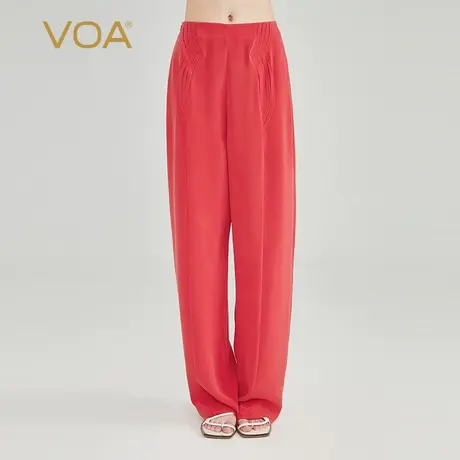 VOA重磅真丝30姆米梦想红自然腰侧插口袋编织工艺OL简约直筒长裤图片