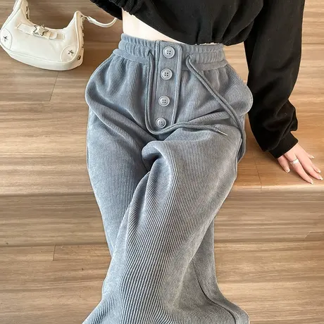 灰色灯芯绒阔腿裤女秋冬季宽松高腰显瘦加厚条绒高腰直筒休闲裤子图片