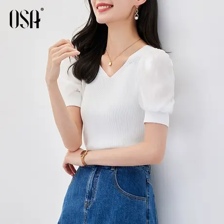 OSA欧莎白色泡泡袖冰丝针织衫女夏季2022年新款设计感冰丝上衣薄商品大图
