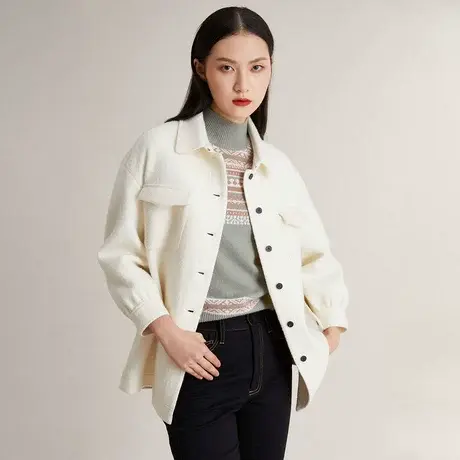 蒲PUKKA 娃娃领毛呢大衣秋冬宽松设计感白色呢子外套图片