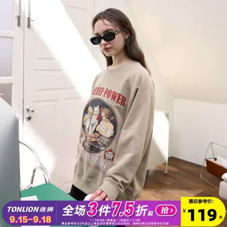 [YEP联名]唐狮2023春季新款女美式复古风印花休闲宽松圆领卫衣商品大图