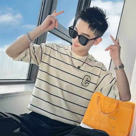 夏季条纹T恤ins潮牌短袖男装上衣2023新款夏装痞帅休闲半截袖体恤商品大图