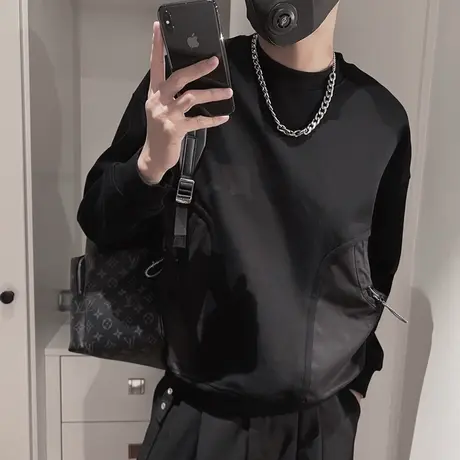 大口袋卫衣男春秋季潮牌ins痞帅圆领长袖t恤男装外套休闲拼接上衣商品大图