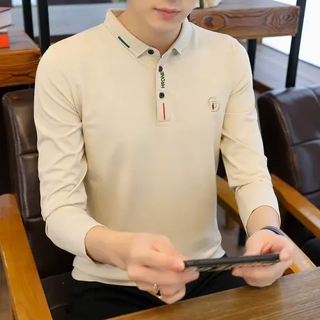 秋季新款翻领纯色长袖T恤男潮流polo衫时尚刺绣半袖青年男装体恤商品大图