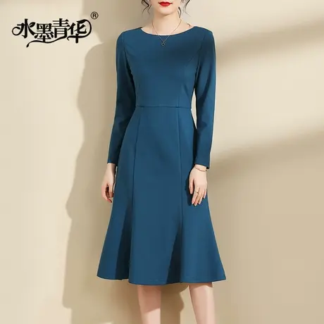 水墨青华冬季新品优雅修身打底裙显瘦百搭中长款连衣裙图片