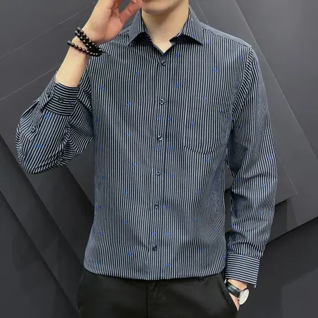 秋季男士长袖衬衫潮流帅气青年爸爸装条纹衬衣商务休闲寸衫男潮牌商品大图
