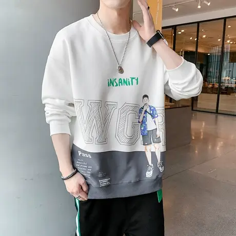 青少年圆领炸街长袖T恤男士套头卫衣拼接撞色帅气潮流个性秋衣服商品大图