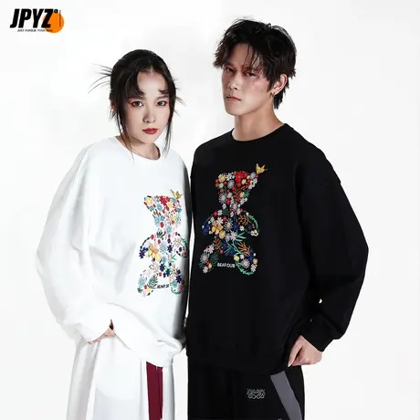 原创国潮花草小熊圆领卫衣男女春秋冬季刺绣高街情侣百搭长袖上衣图片