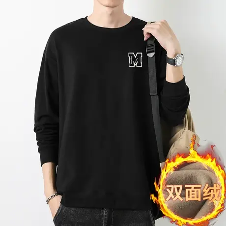黑色卫衣男秋冬款圆领无帽上衣服加绒保暖双面绒长袖t恤宽松潮流商品大图