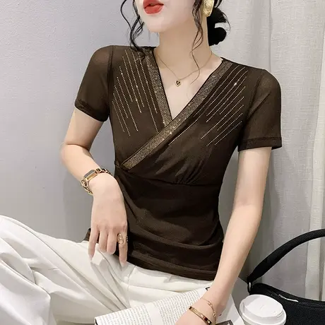 欧货交叉V领短袖T恤女ins夏季性感网纱修身上衣时尚烫钻小衫体恤商品大图