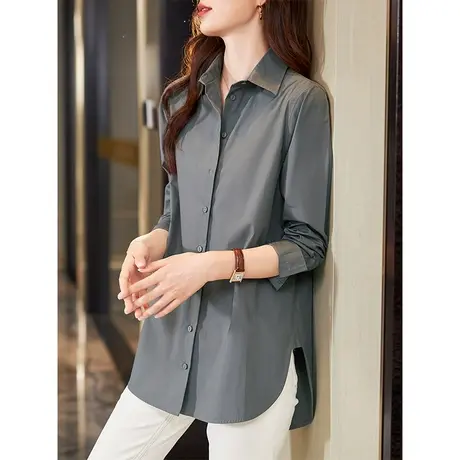 宝诗黎OL气质纯色叠穿打底衬衣2024春季新款时尚宽松棉质长袖衬衫商品大图