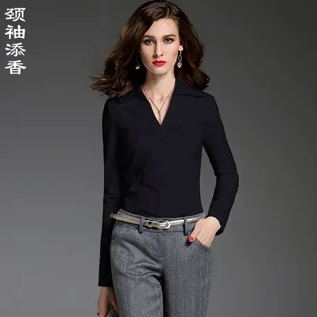 颈袖添香2023秋季新款V领OL正装修身连体衬衫女长袖衬衣图片