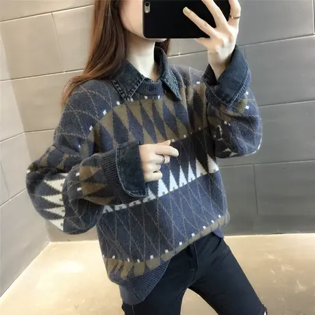 拼接假两件毛衣女2023年新款韩版宽松慵懒风外穿针织衫上衣加厚图片