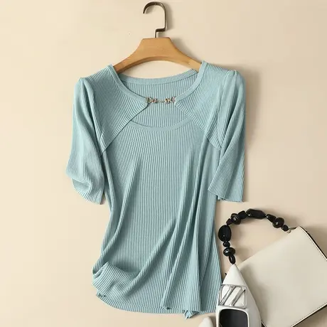 冰丝针织衫短袖t恤女2024春夏新款圆领短款显瘦薄款打底衫女上衣商品大图