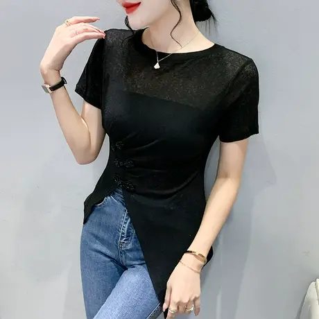 性感网纱t恤女2024年新款不规则紧身小衫欧货开叉下摆上衣设计感商品大图