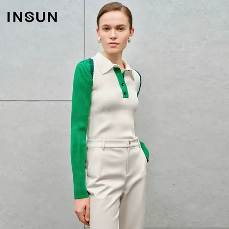 INSUN恩裳线上专选冬季撞色POLO领羊毛混纺坑条针织衫商品大图