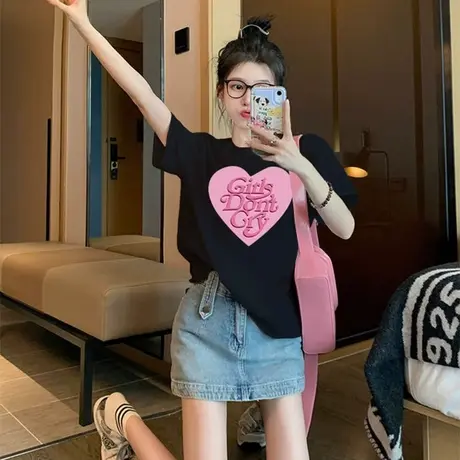 欧货大版女士纯棉t恤短袖ins潮牌女装夏季新款圆领宽松中长款上衣商品大图