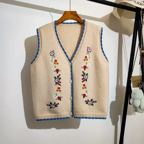 刺绣花朵针织马甲开衫春秋新款宽松v领无袖坎肩女士毛衣背心外套商品大图