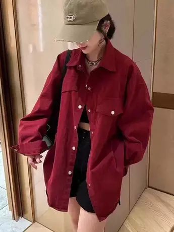 2023秋季新款欧货后背贴标中长款牛仔衬衫女宽松慵懒风衬衣外套潮商品大图