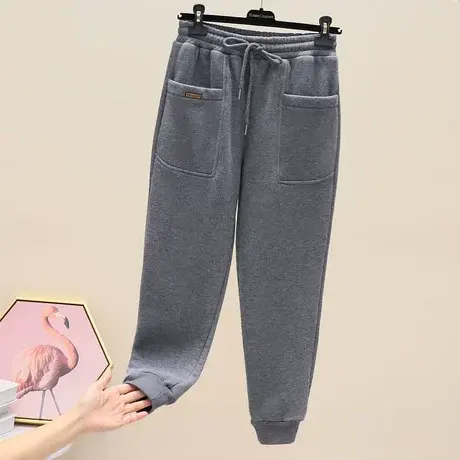 松紧高腰加绒裤子女秋冬季黑色束脚运动裤加厚哈伦外穿休闲卫裤女商品大图