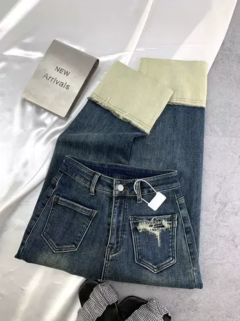 韩版加绒加厚牛仔直筒裤2023秋冬新款显瘦百搭口袋磨破高腰烟管裤商品大图