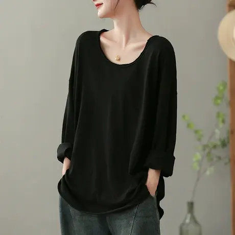 dza复古纯棉宽松休闲白色t恤女士长袖上衣春秋短款内搭圆领打底衫商品大图