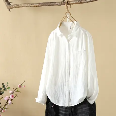 文艺复古双色双织细条纹加绒加厚衬衫女双层棉纱布长袖衬衣商品大图