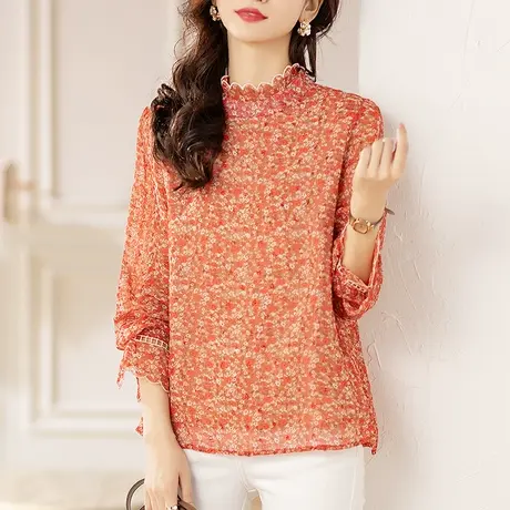 碎花雪纺衬衫女春秋新款宽松加大码女装中年妈妈休闲显瘦立领上衣商品大图